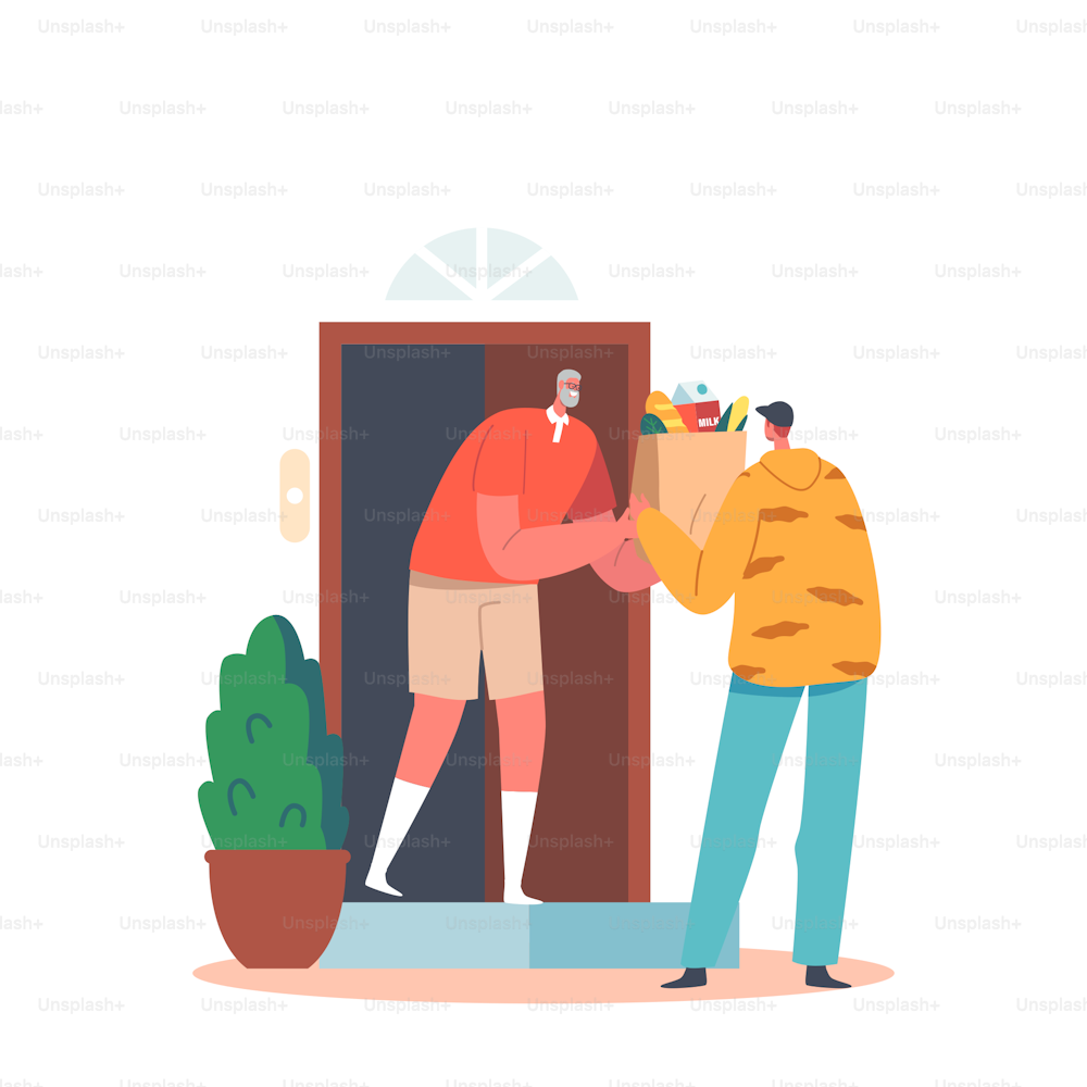 Delivery Man, Volunteer or Courier Male Character with Box in Hands Delivering Food to Senior Man During Coronavirus Pandemic. Volunteering, Oldies Support Concept. Cartoon People Vector Illustration