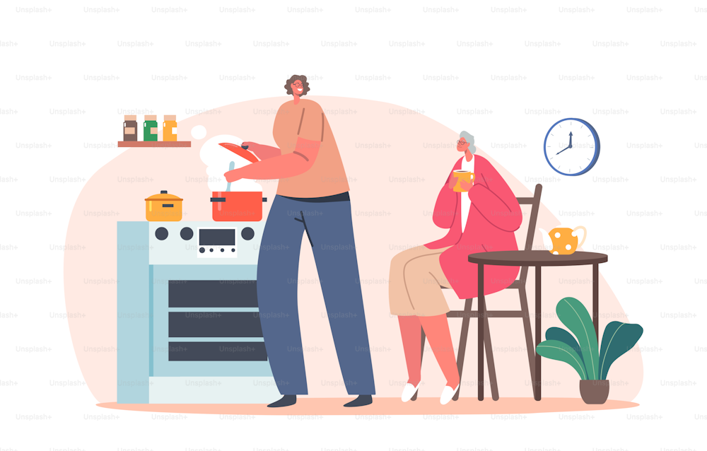 Young Woman Cooking on Kitchen with Elderly Female Character Sitting at Table Drinking Tea. Daughter with Old Mother, Volunteer Help Senior Lady with Household. Cartoon People Vector Illustration