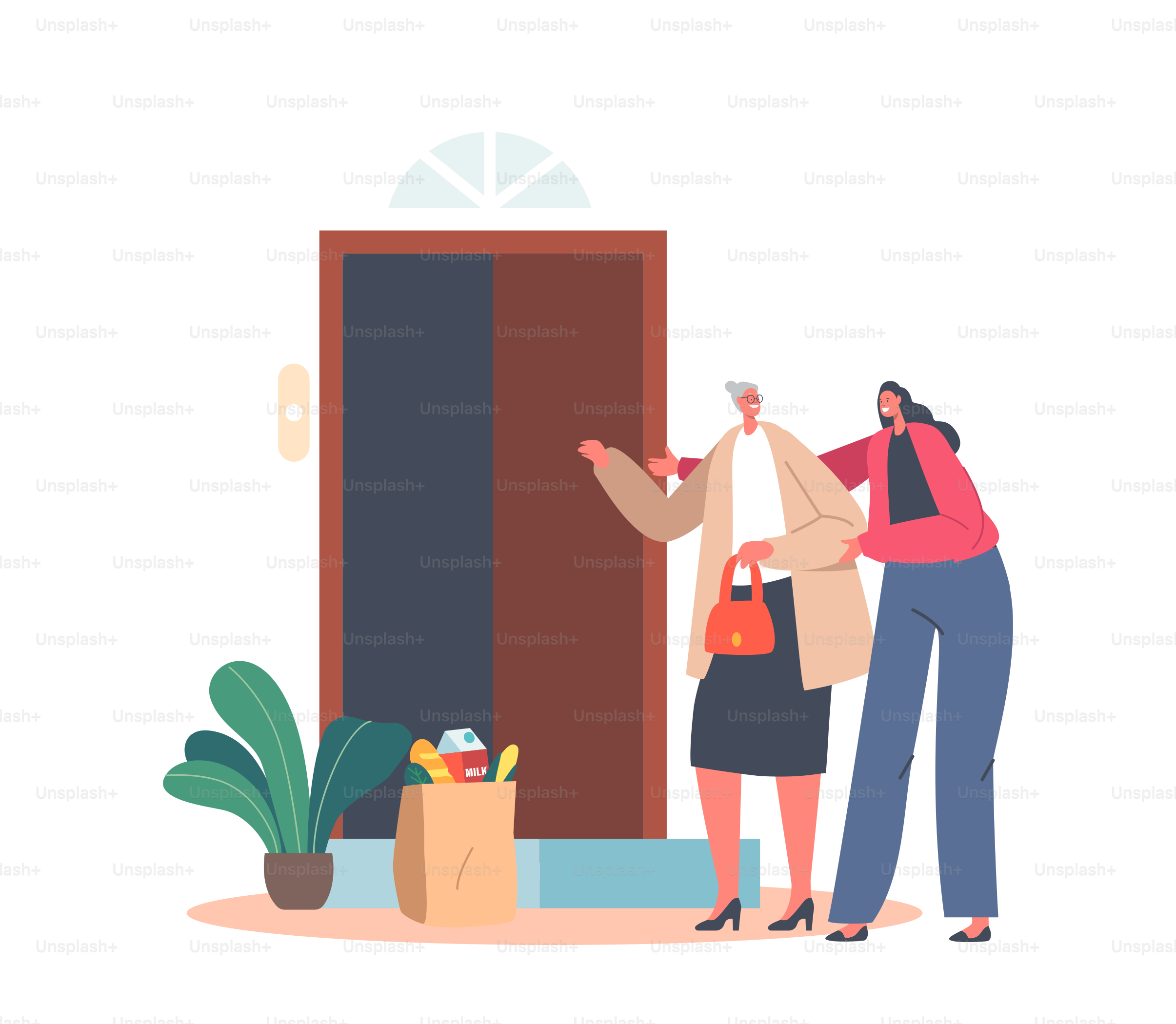 Female Character Volunteer, Neighbor or Granddaughter Help Old Lady with Shopping Grocery and Enter at Home with Bag. Support of Seniors, Voluntary Social Aid. Cartoon People Vector Illustration