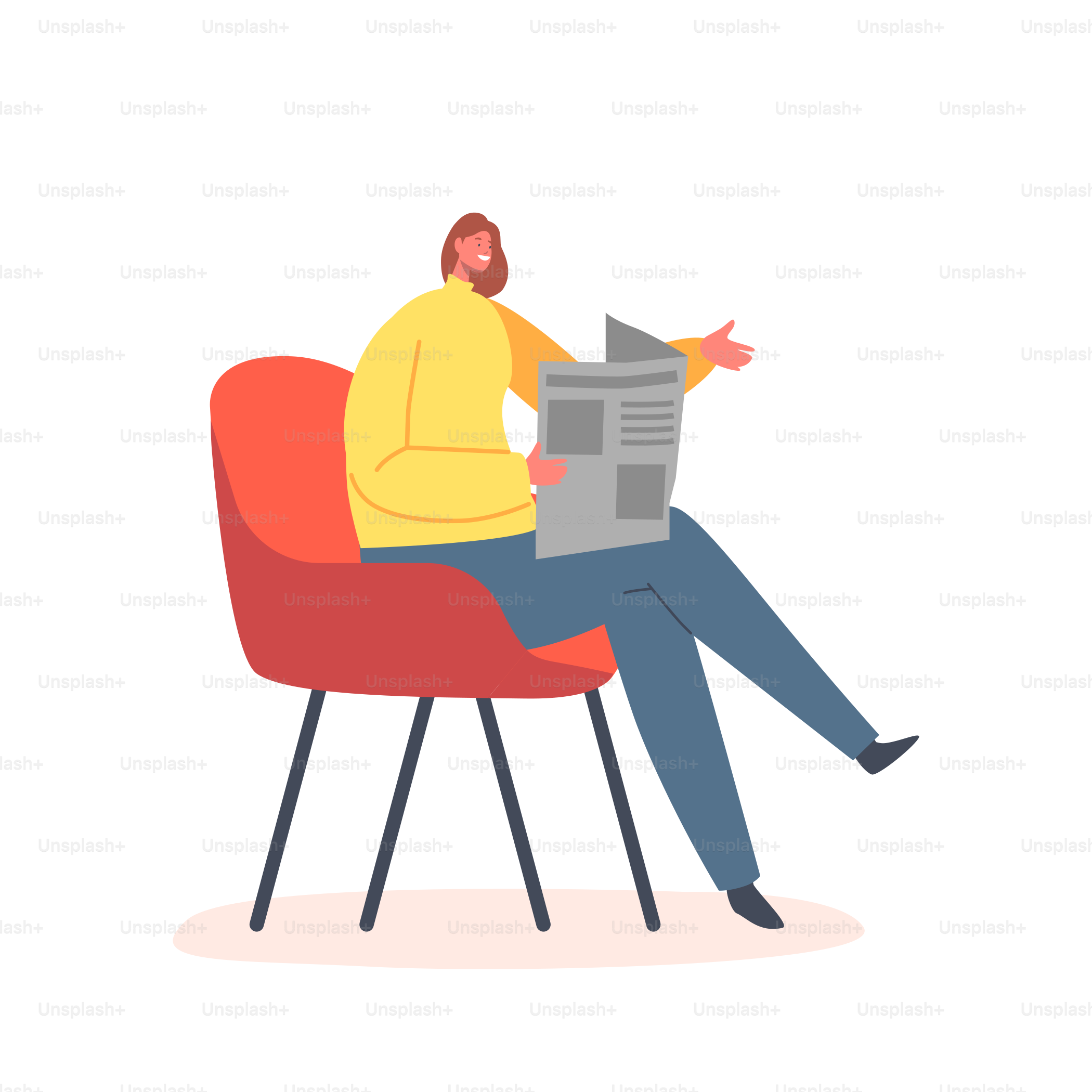 Frau sitzt im Sessel und liest isoliert Zeitung auf weißem Hintergrund. Weibliche Figur liest Nachrichten und tägliche Informationen zu Hause, Morgenroutine, Lebenskonzept. Cartoon People Vektorillustration