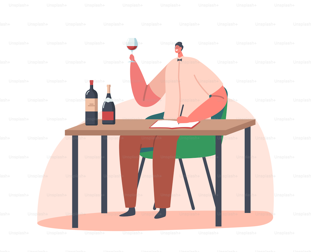 Concetto di degustazione di vini da sommelier. Personaggio maschile specialista seduto al tavolo con bottiglie di vetro e tazza con bevanda alcolica. Degustazione isolata su sfondo bianco. Illustrazione vettoriale delle persone del fumetto