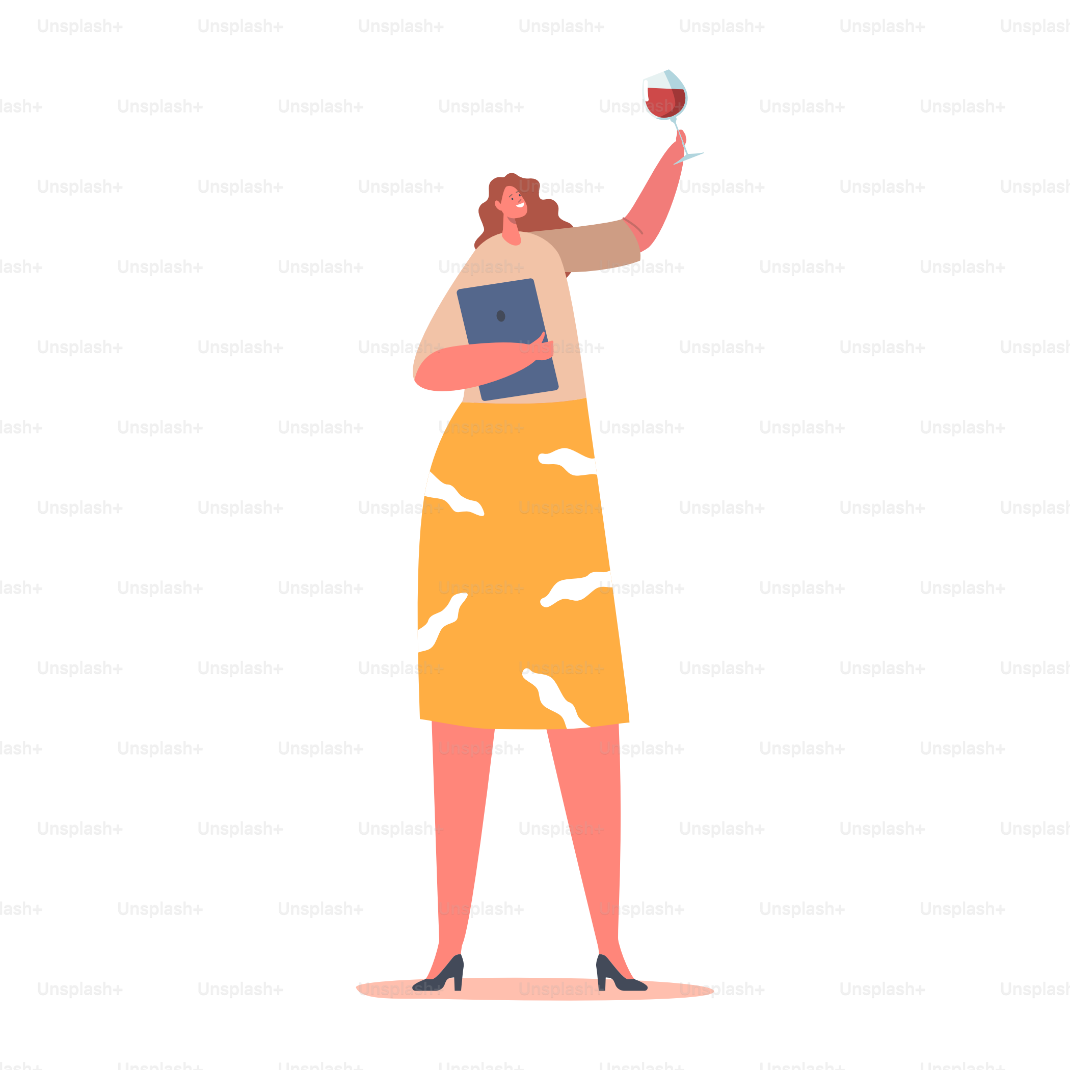 Sommelier Female Character Tasting Wine Concept. Specialist with Beverage in Wineglass and Tablet Pc. Alcohol Drink Degustation Process Isolated on White Background. Cartoon People Vector Illustration