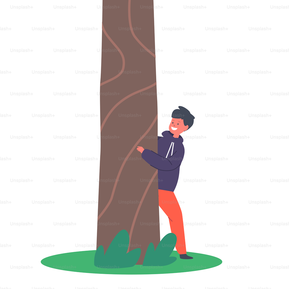 Little Boy Character Hiding behind of Tree, Child Playing on Street Hide and Seek, Rejoice at Summer Time. Healthy Life, Kids Outdoor Activity and Active Sparetime. Cartoon Vector Illustration