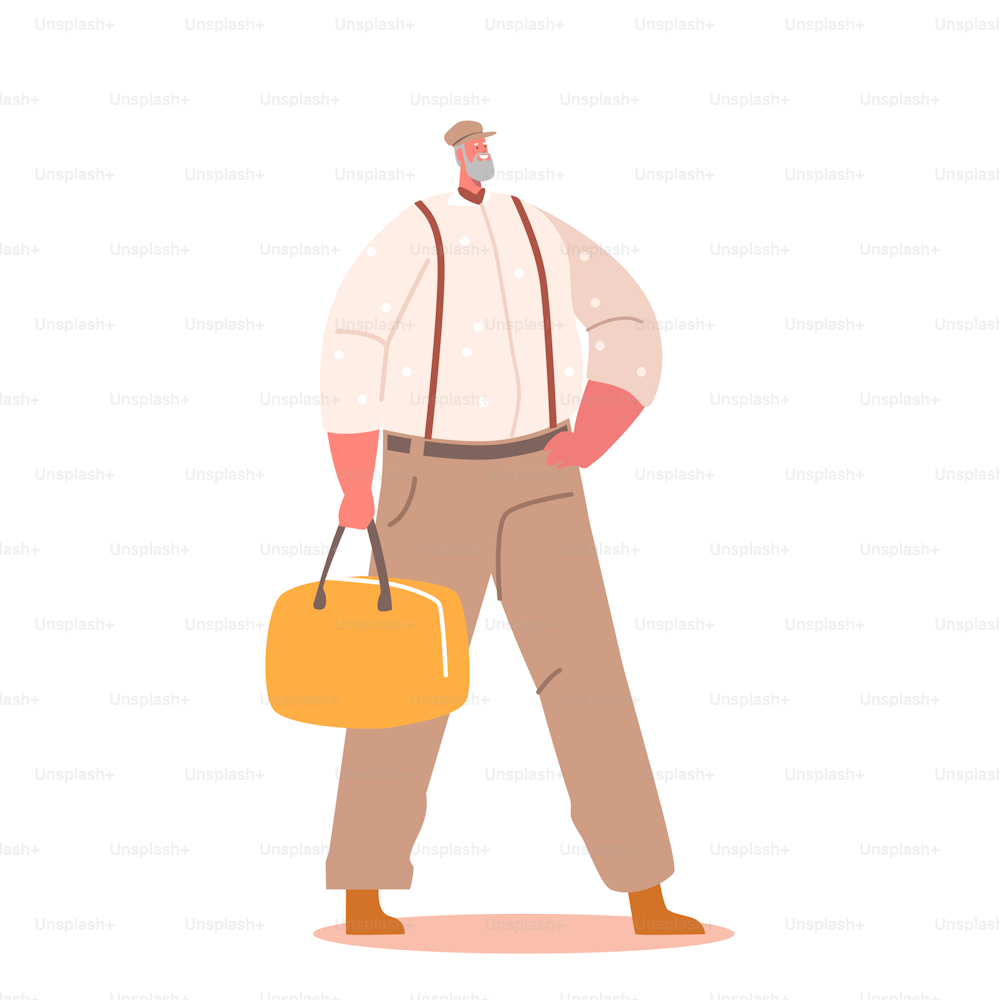 Trendy Man Wear Hipster Clothes, Hat pants on Suspenders and Yellow Handbag, Old Male Character, Isolated Stylish Fashionable Senior Posing in Modern Apparel. Cartoon People Vector Illustration