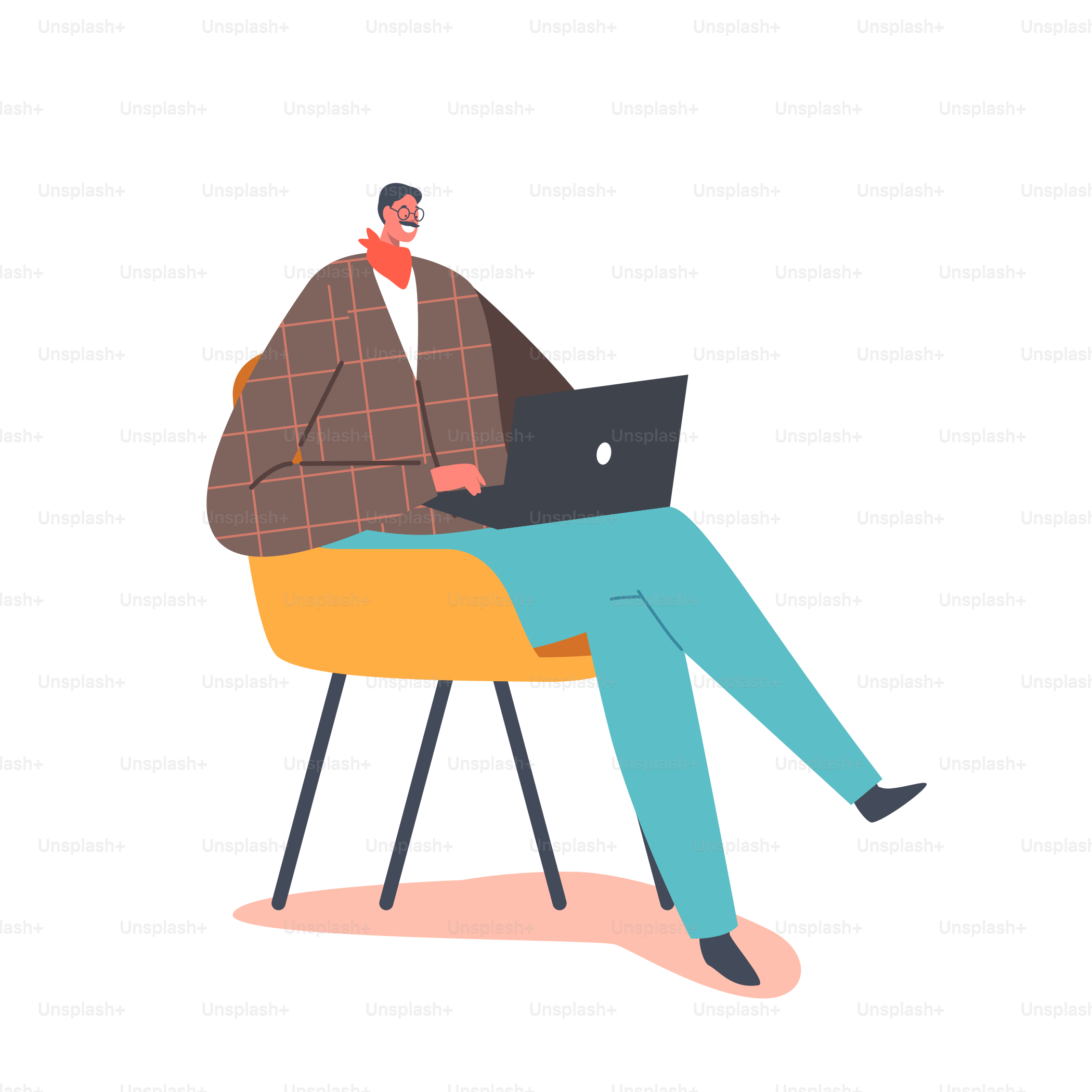 Mature Man Work on Laptop Isolated on White Background. Male Character Watch Movie Online, Browsing Internet or Dating Sites, Distance Education, Communication, Conference. Cartoon Vector Illustration