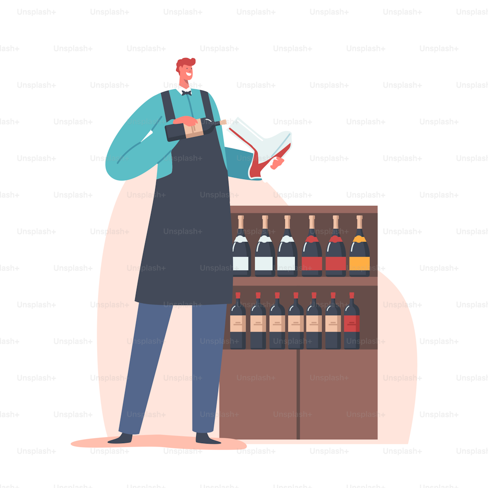 Sommelier Party Concept, Wine Steward Holding Bottle and Tasting Flask. Character Tasting Alcohol Drinks in Winery Bar or Restaurant. Taster at Shelf with Bottles. Cartoon People Vector Illustration