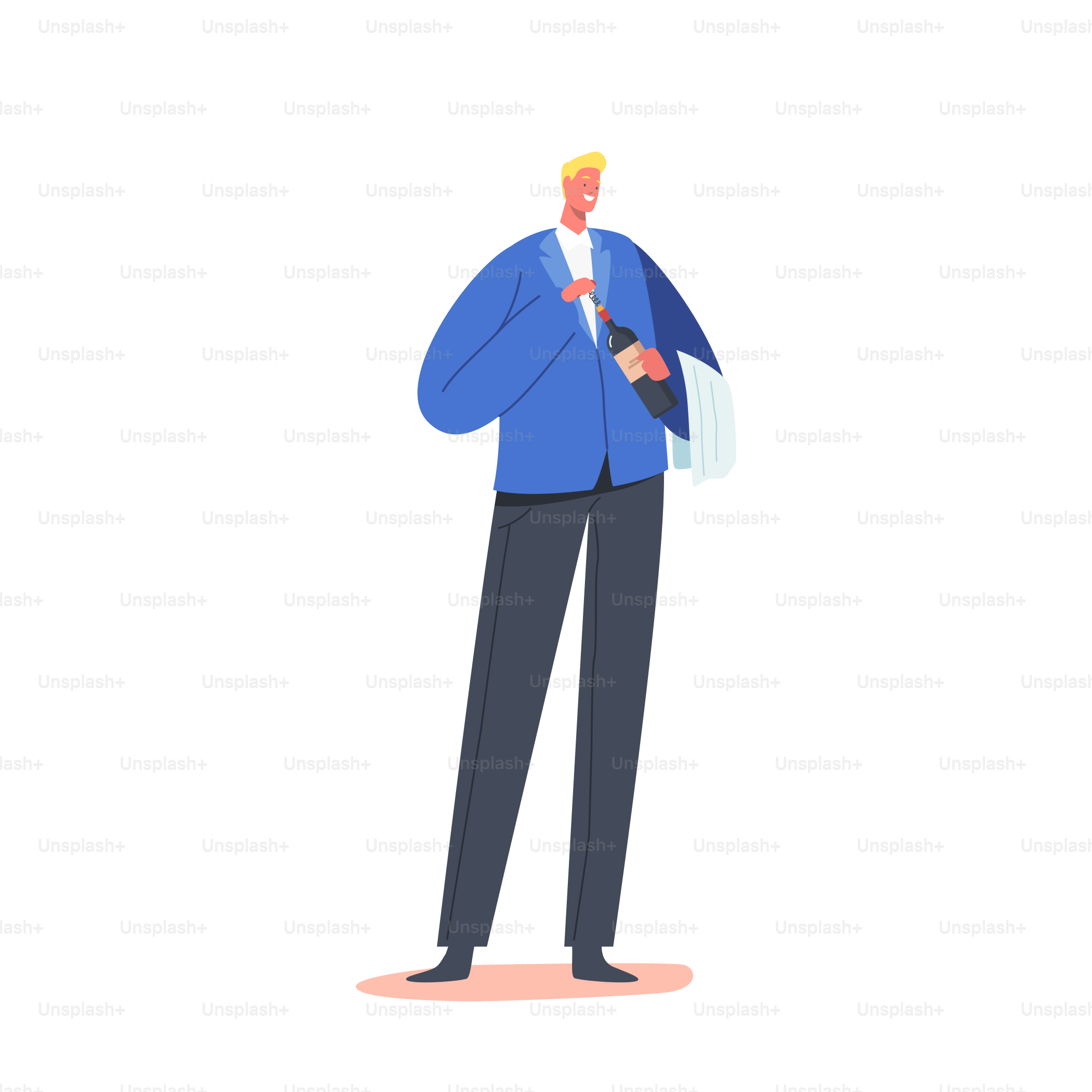 Sommelier ou intendant du vin avec une serviette sur le coude tenant une bouteille, dégustateur spécial Personnage masculin dégustant des boissons alcoolisées dans un domaine viticole ou un restaurant isolé sur fond blanc. Illustration vectorielle de bande dessinée