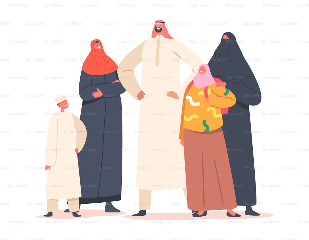 전통적인 아랍 가족, 부모와 자식 캐릭터. 사우디 사람들은 Thawb 또는 Kandura와 Hijab 또는 Abaya와 같은 국가 의상을 입습니다. 이슬람 문화, 아라비아 인물. 만화 벡터 일러스트레이션