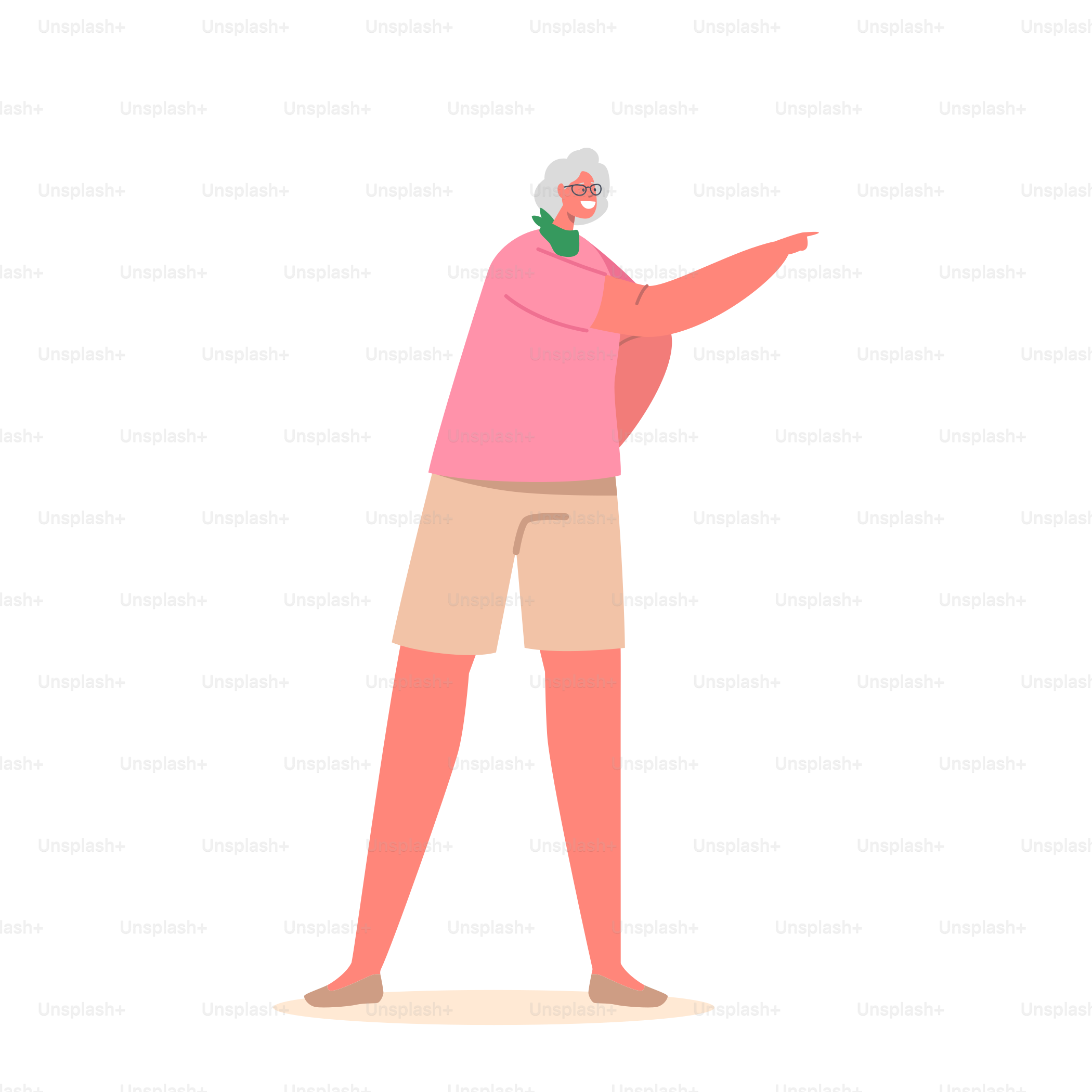 Single Senior Female Character Wear Pink T-shirt and Shorts Isolated on White Background. Mature Positive Woman, Grandmother, Aged Happy Person with Smiling Face. Cartoon People Vector Illustration