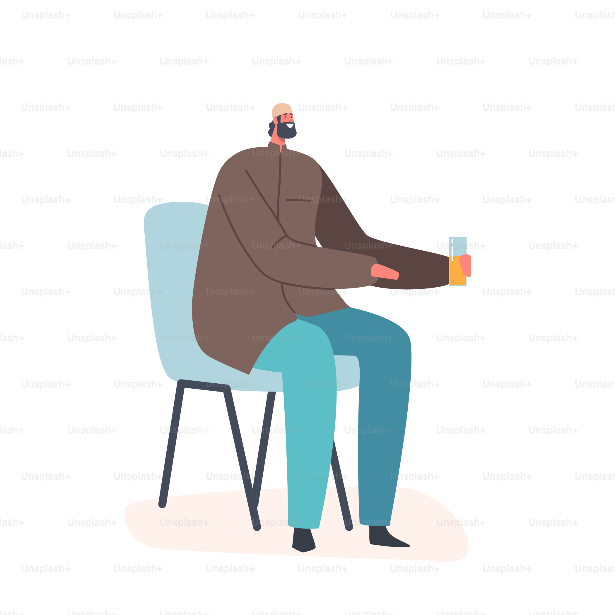 Personagens muçulmanos masculinos vestem trajes tradicionais, sentados em uma cadeira segurando um copo com bebida isolada sobre fundo branco. Homem Árabe com Bebida, Jantar de Iftar. Ilustração vetorial de Cartoon People