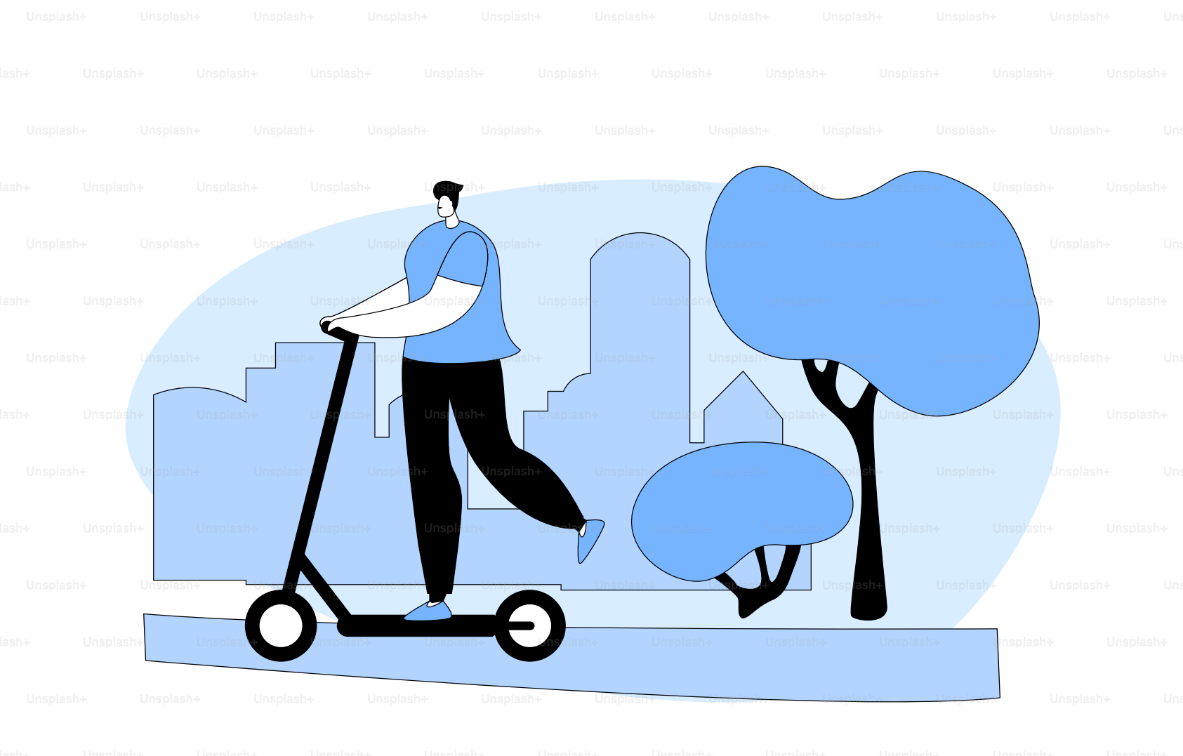 Pria Pengendara Sepeda Mengendarai Push Scooter di Luar Ruangan di Lanskap Kota. Olahraga aktif dan aktivitas hidup sehat, transportasi beroda ekologi di kota, pengendara karakter pria. Ilustrasi Vektor Datar Kartun Linier