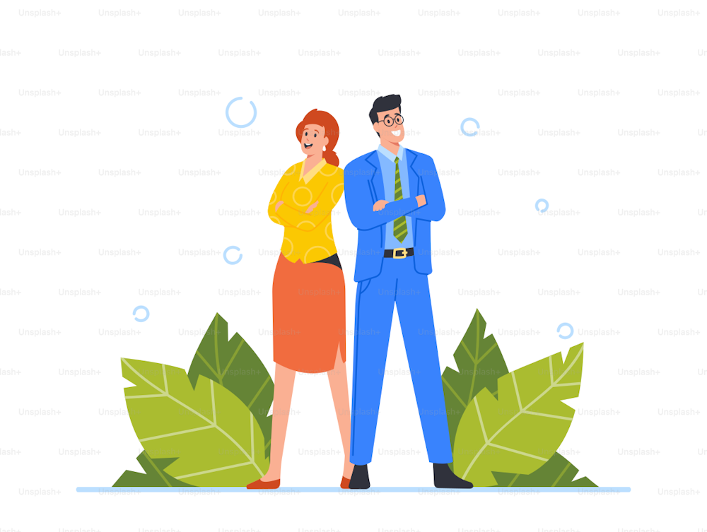 Managers Team Teamwork Group. Confident Business Characters Man and Woman Stand in Pose with Crossed Arms. Successful Office Employees, Business People Stand Together. Cartoon Vector Illustration