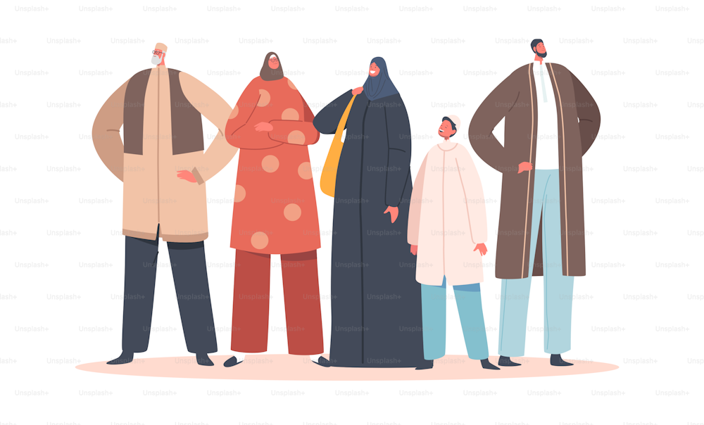 Familia musulmana tradicional, padres, abuelos e hijos, personajes jóvenes y viejos. Los árabes visten ropas nacionales. Cultura musulmana, personajes árabes tradiciones. Ilustración vectorial de dibujos animados