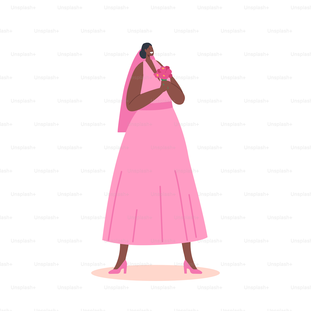 Novia africana Vestido rosa sosteniendo ramo en manos aisladas sobre fondo blanco, feliz matrimonio de carácter femenino, proceso nupcial, felicidad, momento de la vida. Ilustración vectorial de Cartoon People