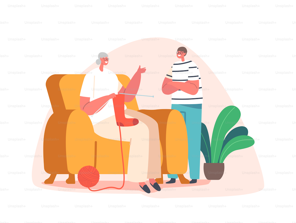 Granny Knitting Socks and Speaking with Grandchild. Little Boy Character Spend Time with Grandmother Listening Stories, Communicate. Happy Family, Grandparent Care. Cartoon People Vector Illustration