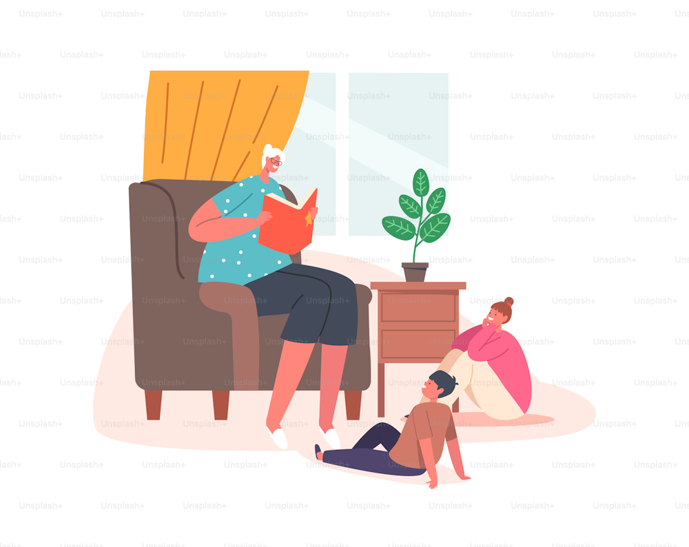 Granny Reading Book to Grandchildren. Little Boy and Girl Characters Spend Time with Grandmother Listening Fairy Tale at Evening. Happy Family, Grandparent Care. Cartoon People Vector Illustration