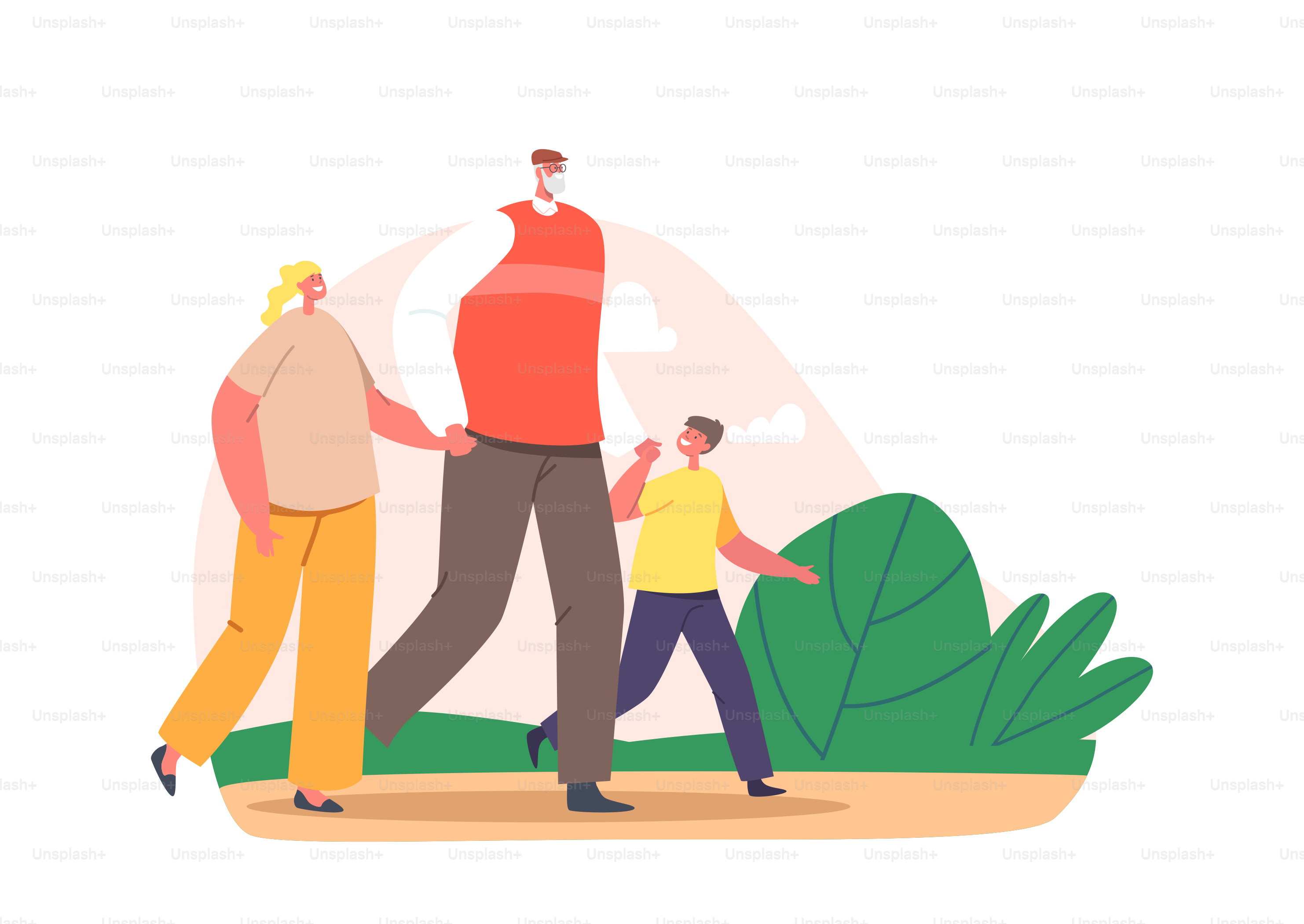 Großvater Spaziergang mit Enkelkindern im Park. Glückliche Familiencharaktere Opa mit Mädchen und Jungen verbringen Zeit miteinander, gehen im Freien spazieren, halten Händchen und kommunizieren. Cartoon Menschen Vektor Illustration
