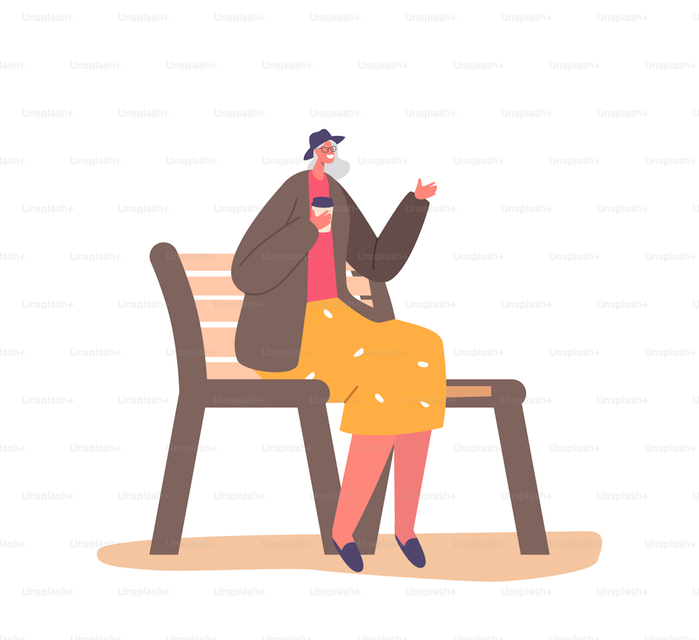 연금 수급자 레이디 야외 여가 시간. 공원이나 집 마당의 벤치에 앉아 있는 노인 여성 캐릭터, 늙은 여자는 커피를 마시고, 하얀 배경에 고립되어 휴식을 취한다. 만화 사람들 벡터 일러스트레이션