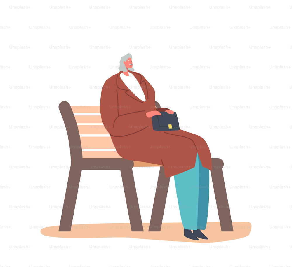 Relaxed Senior Female Character Sitting on Bench in Park or House Yard Enjoying Outdoor Recreation, Leisure and Sparetime. Old Woman Spareime on Street. Cartoon People Vector Illustration