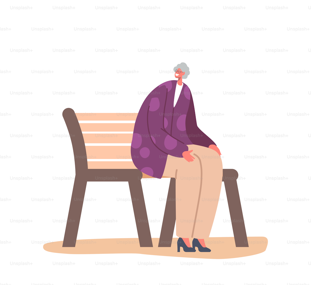 Old Woman Sparetime on Street. Senior Female Character Sitting on Bench in Park or House Yard Enjoying Outdoor Recreation, Relaxed Leisure and Sparetime. Cartoon People Vector Illustration