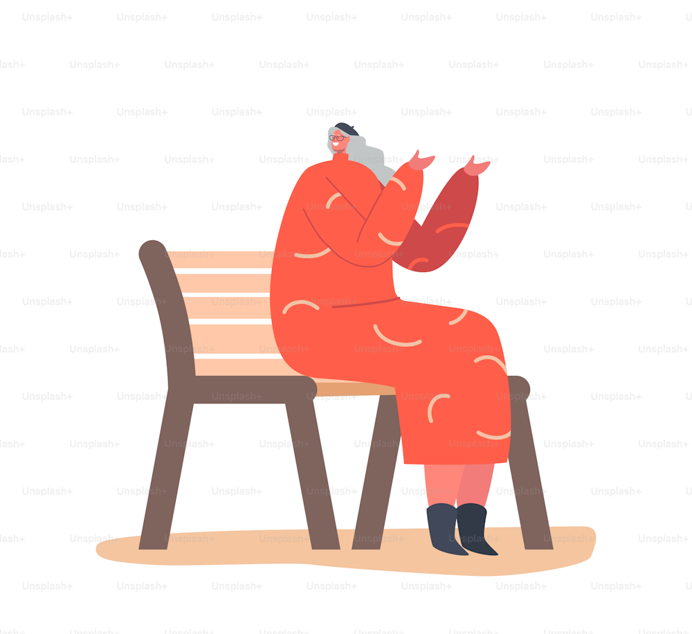 Senior Female Character in Trendy Clothed Group Sitting on Bench, Communicate, Chatting, Share Gossips. Old Woman in Red Dress Outdoor Sparetime. Cartoon People Vector Illustration