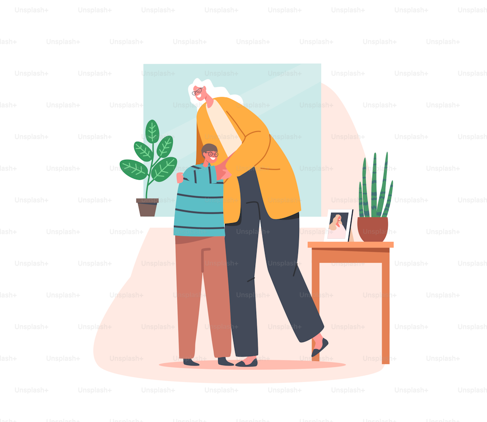Granny Comforting Grandson, Cheerful Grandmother Hugging Little Grandson Embrace and Support. Happy Family Characters Love, Sparetime, Senior Woman and Child. Cartoon People Vector Illustration