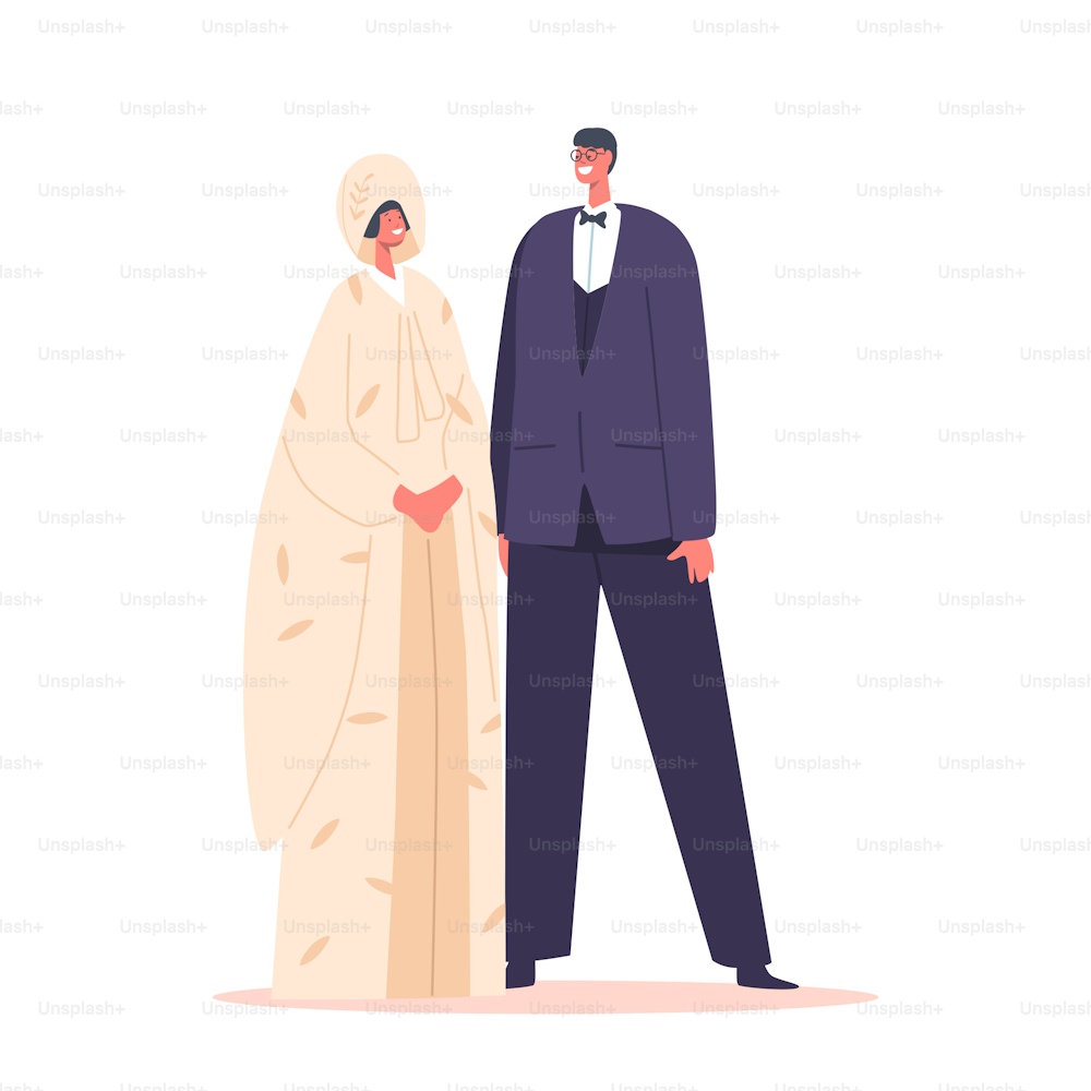Elegante ceremonia de boda de los personajes de novia y novio japonés. La pareja asiática usa trajes de novia tradicionales que se preparan para el matrimonio, las tradiciones orientales y la cultura. Ilustración vectorial de Cartoon People