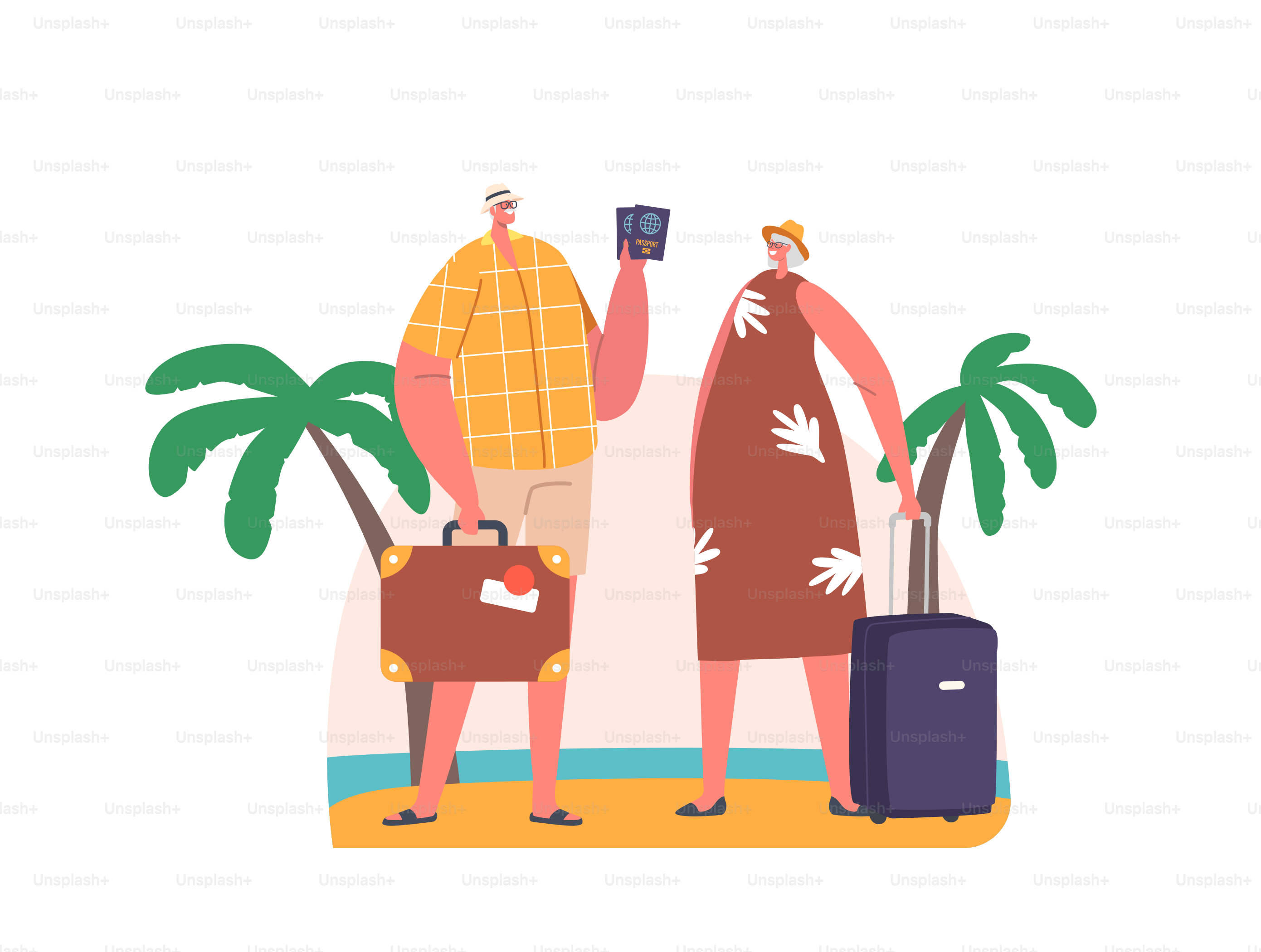 Senioren-Touristenpaar, das in exotischem Land zu Besuch ist. Alte Frau und Mann Charaktere mit Gepäck und Pässen in Foreign Journey, Travel Agency Service, Traveling Excursion. Cartoon-Vektorillustration