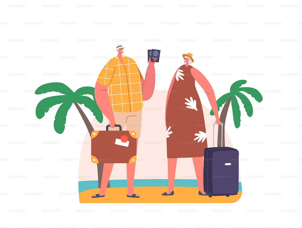 エキゾチックな国を訪れる年配の観光客のカップル。外国旅行、旅行代理店サービス、旅行旅行で荷物とパスポートを持つ老婆と男性のキャラクター。漫画のベクターイラスト
