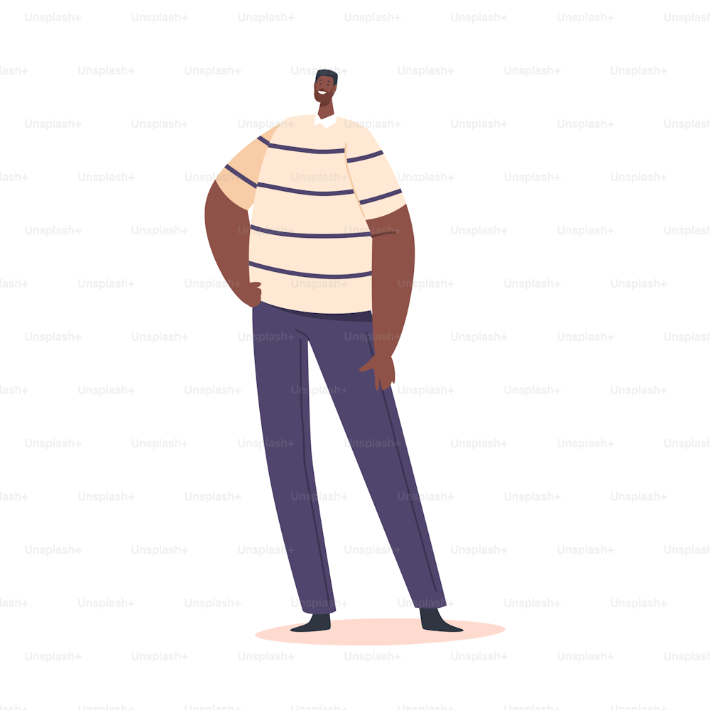 Schwarze männliche Einzelfiguren tragen ein gestreiftes T-Shirt und eine blaue Hose isoliert auf weißem Hintergrund. Positiv gestalteter afrikanischer Mann, moderne tausendjährige attraktive Person. Cartoon Menschen Vektor Illustration