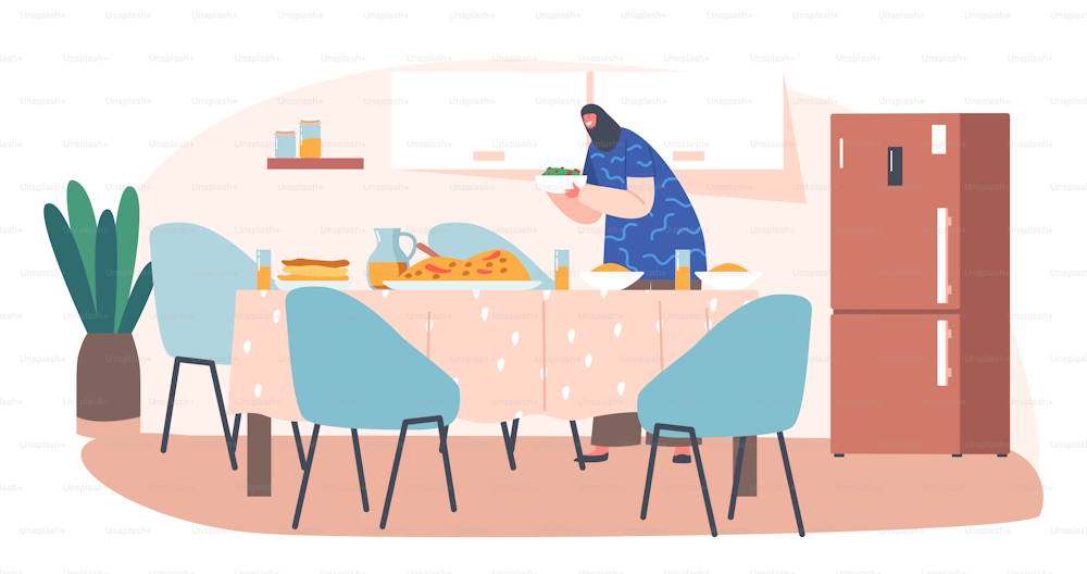 Personagem feminina muçulmana servindo jantar na mesa. Mulher árabe usa hijab nacional colocar refeições na mesa da cozinha em casa interior. Iftar, Jantar do Ramadã, Tradição Familiar. Ilustração vetorial de pessoas dos desenhos animados