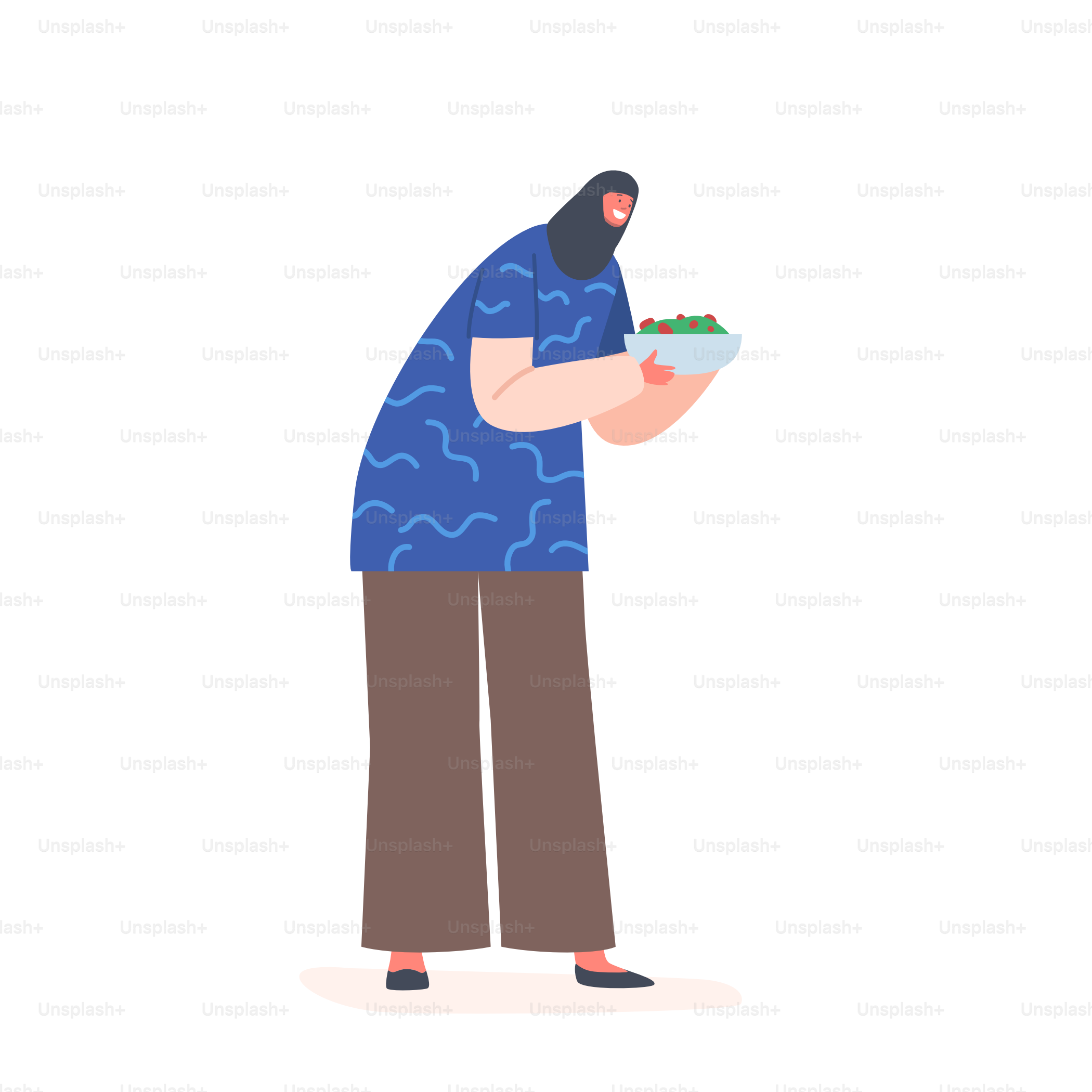 Mulher árabe usar vestido tradicional segurando tigela com comida isolada no fundo branco. Personagem feminina árabe Iftar Jantar durante o Ramadã, cozinha islâmica. Ilustração vetorial de pessoas dos desenhos animados