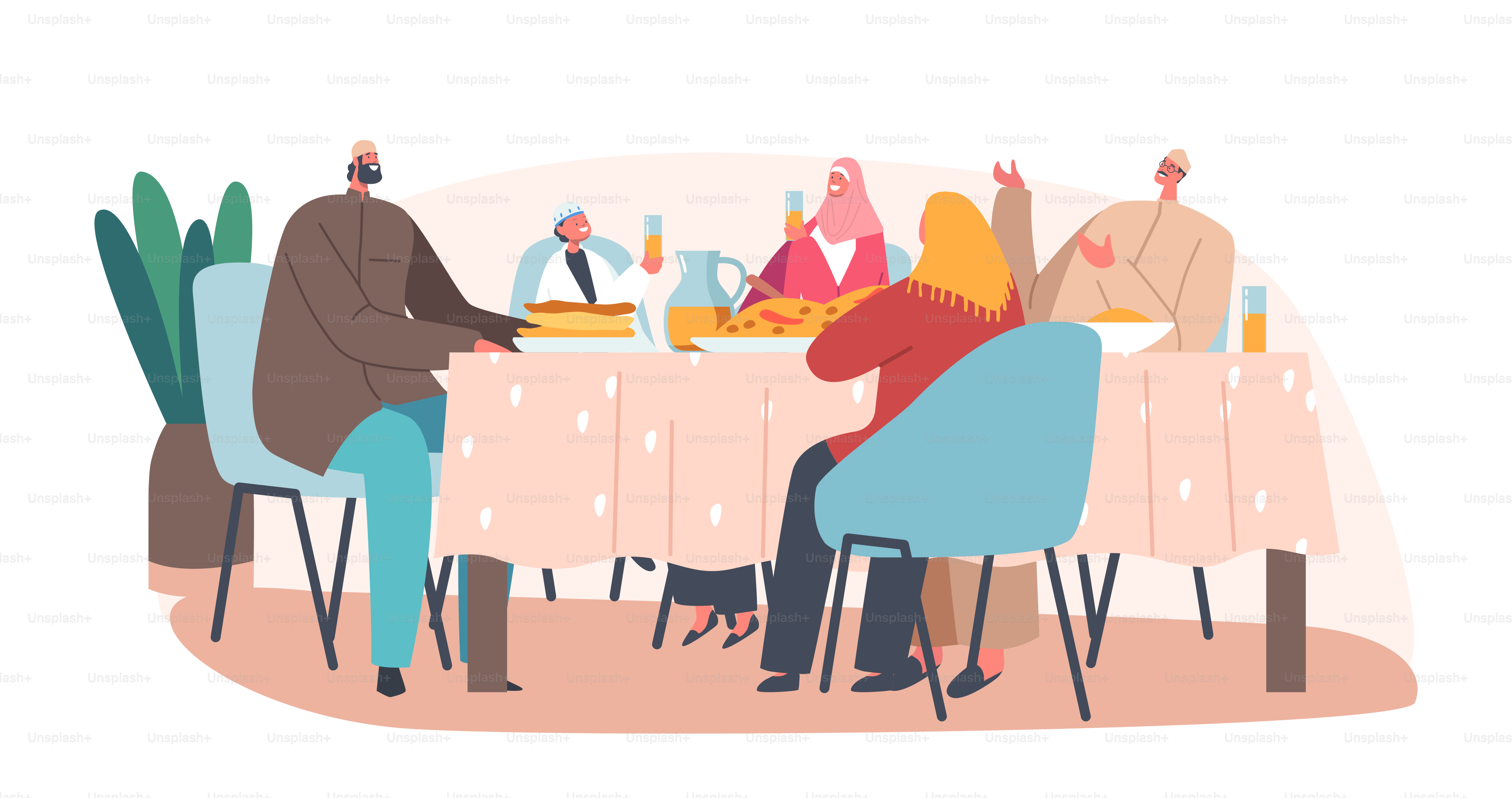 Ramadan Holiday Celebration. Traditional Arab Family Old and Young Characters Eat Ifthar Sitting at Table with Festive Meals During Holy Muslim Month. Cartoon People Vector Illustration