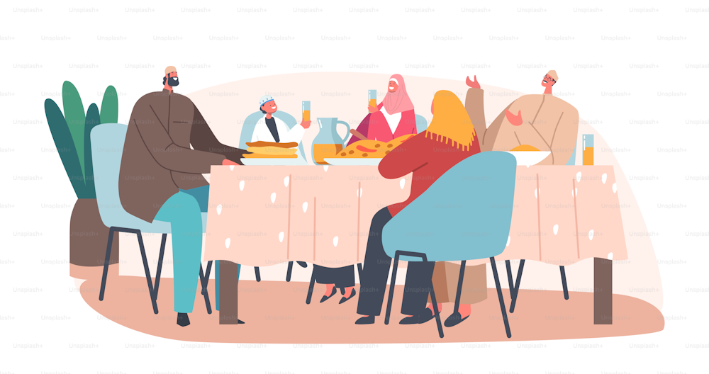 Célébration des vacances du Ramadan. Famille arabe traditionnelle vieux et jeunes personnages mangent Ifthar assis à table avec des repas festifs pendant le mois sacré musulman. Illustration vectorielle de personnes de dessins animés