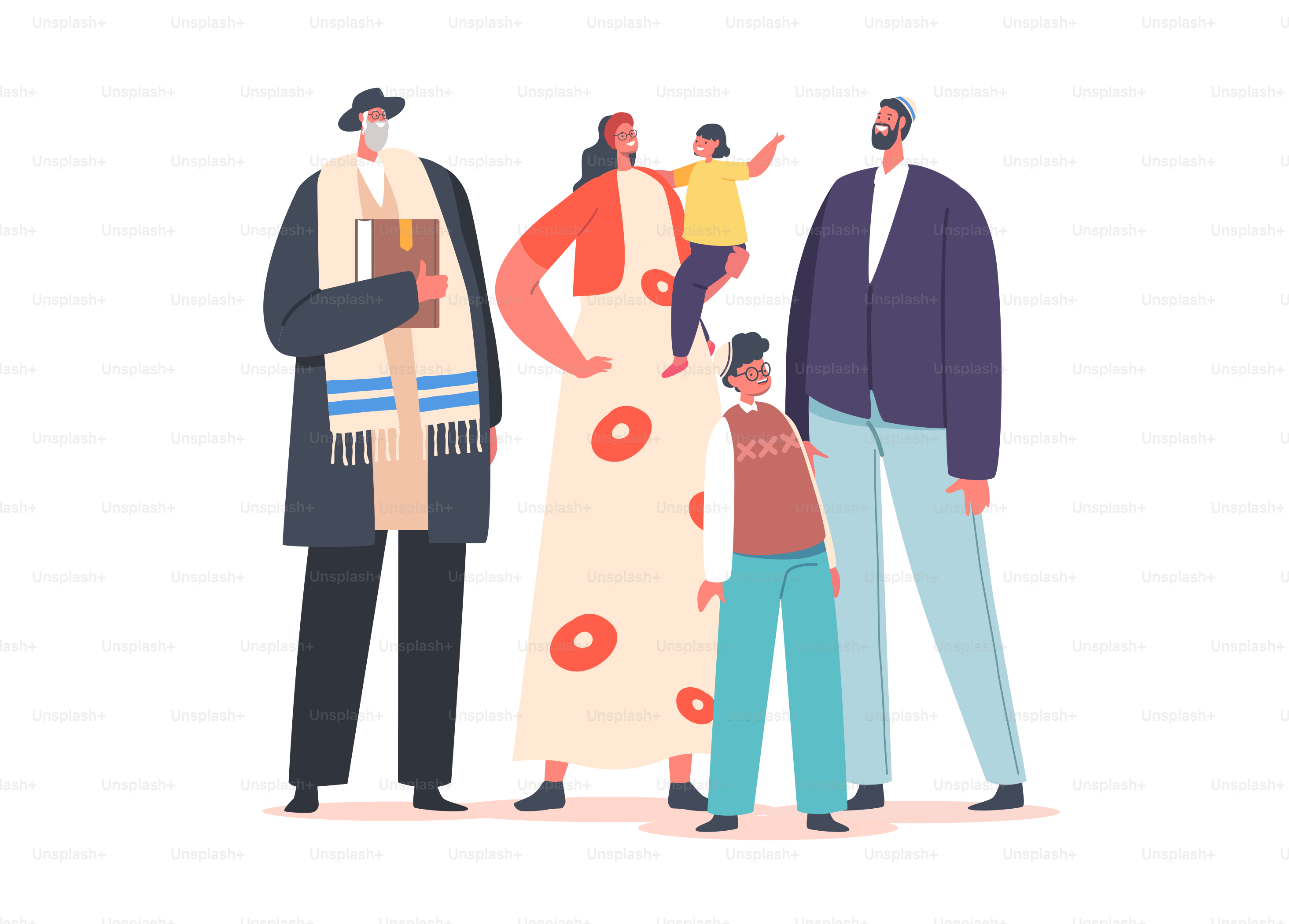 Traditional Jewish Family, Orthodox Jew Parents, Grandfather and Kids Characters. Israel People Mature and Young Generations. Human Relations Isolated on White Background. Cartoon Vector Illustration