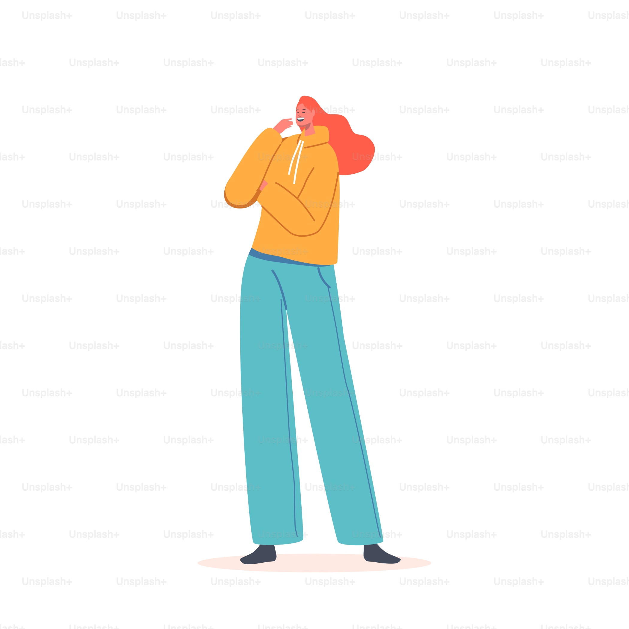 Personaggio femminile felice che ride a crepapelle su battute o momenti divertenti isolati su sfondo bianco. Donna caucasica con capelli rossi allegra risata emozione, reazione all'umorismo. Illustrazione vettoriale di Personaggi dei Cartoni Animati