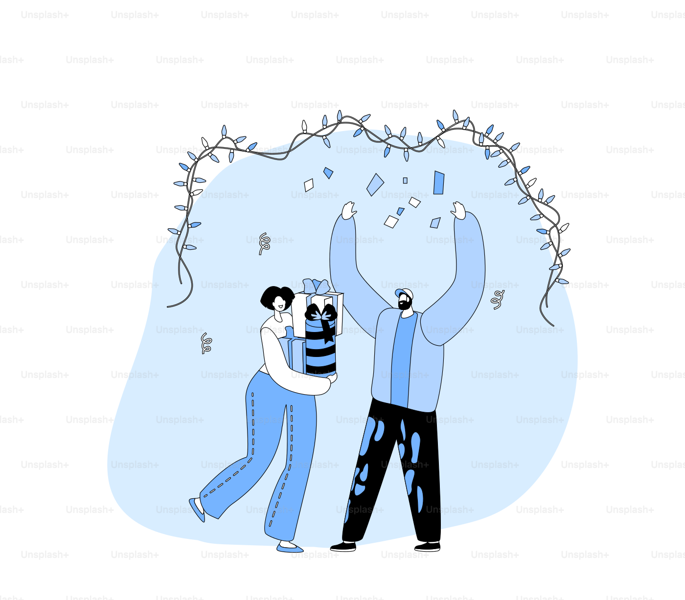 Female Character Give Presents to Man on Holidays or Birthday Celebration. Festive Event with Gifts. Happy Loving Couple, Colleagues or Friends Greetings. Linear Cartoon Flat Vector Illustration