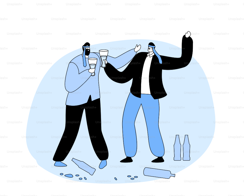 Los personajes masculinos borrachos con lazos atados en la cabeza beben alcohol y cantan canciones con botellas dispersas. Corporativo, hombres alcohólicos, adicción al alcoholismo. Ilustración vectorial plana lineal de dibujos animados