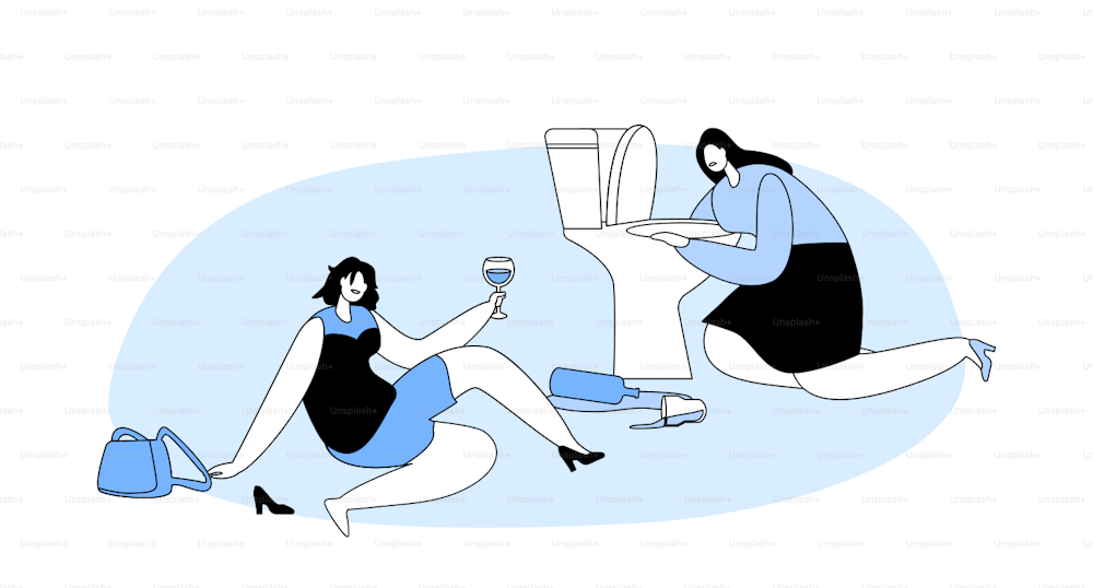 Alcohol Addiction, Party Booze Concept. Drunk Tipsy Female Characters Having Pernicious Habit Addiction and Substance Abuse, Drunk Women Puke in Toilet, Holding Glass. Linear Vector Illustration