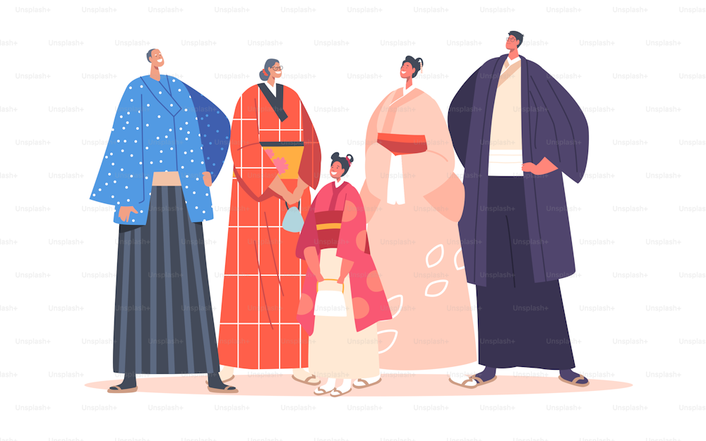 Glückliche asiatische Familie isoliert auf weißem Hintergrund. Lächelnde junge und alte männliche und weibliche Charaktere, Eltern, Großeltern und Kinder tragen traditionelle Hanboks oder Kimonos. Cartoon Menschen Vektor Illustration