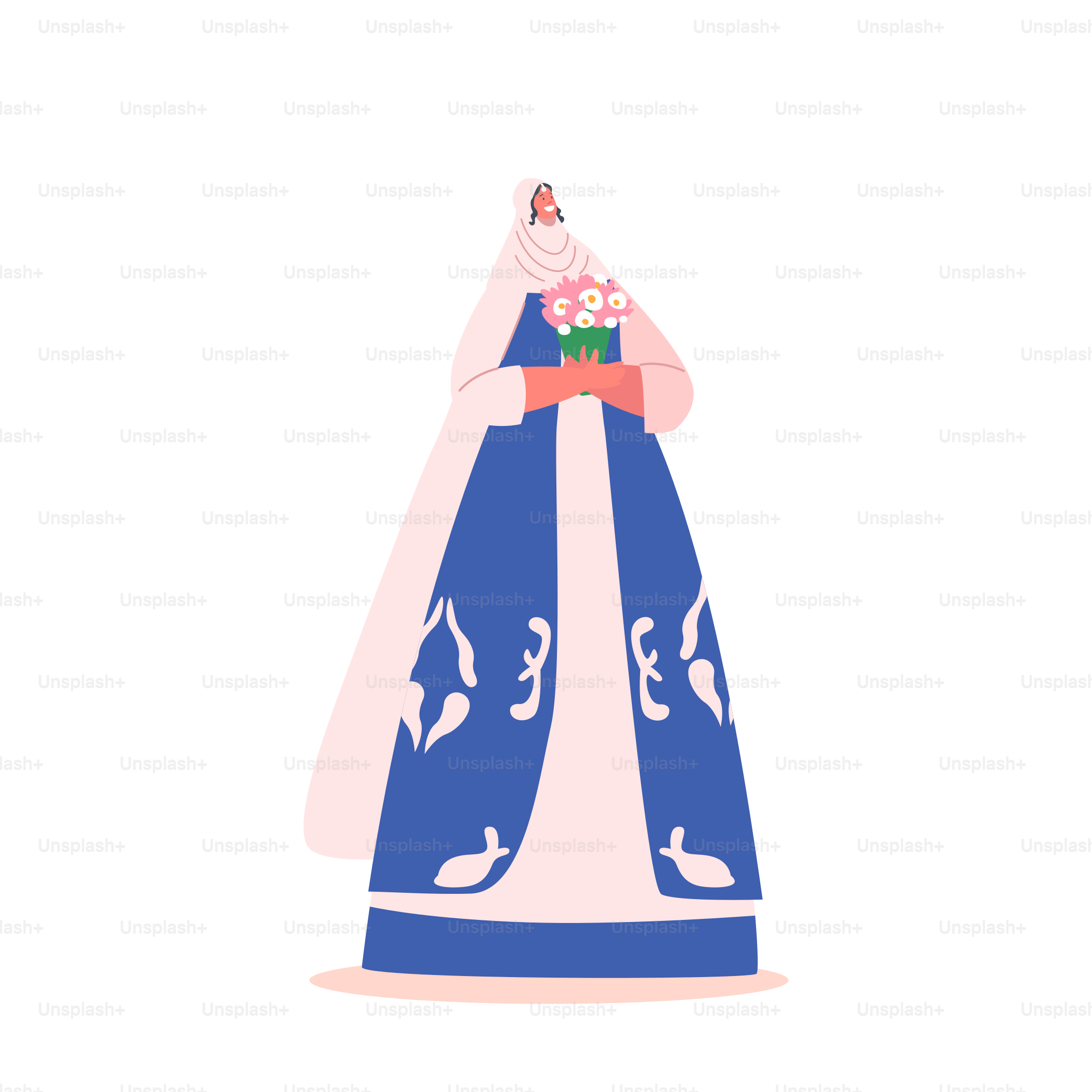 Happy Islamic Female Character Marriage, Bridal Process, Life Moment. Beautiful Muslim Bride in Traditional Dress or Hijab Hold Bouquet Isolated on White Background. Cartoon People Vector Illustration