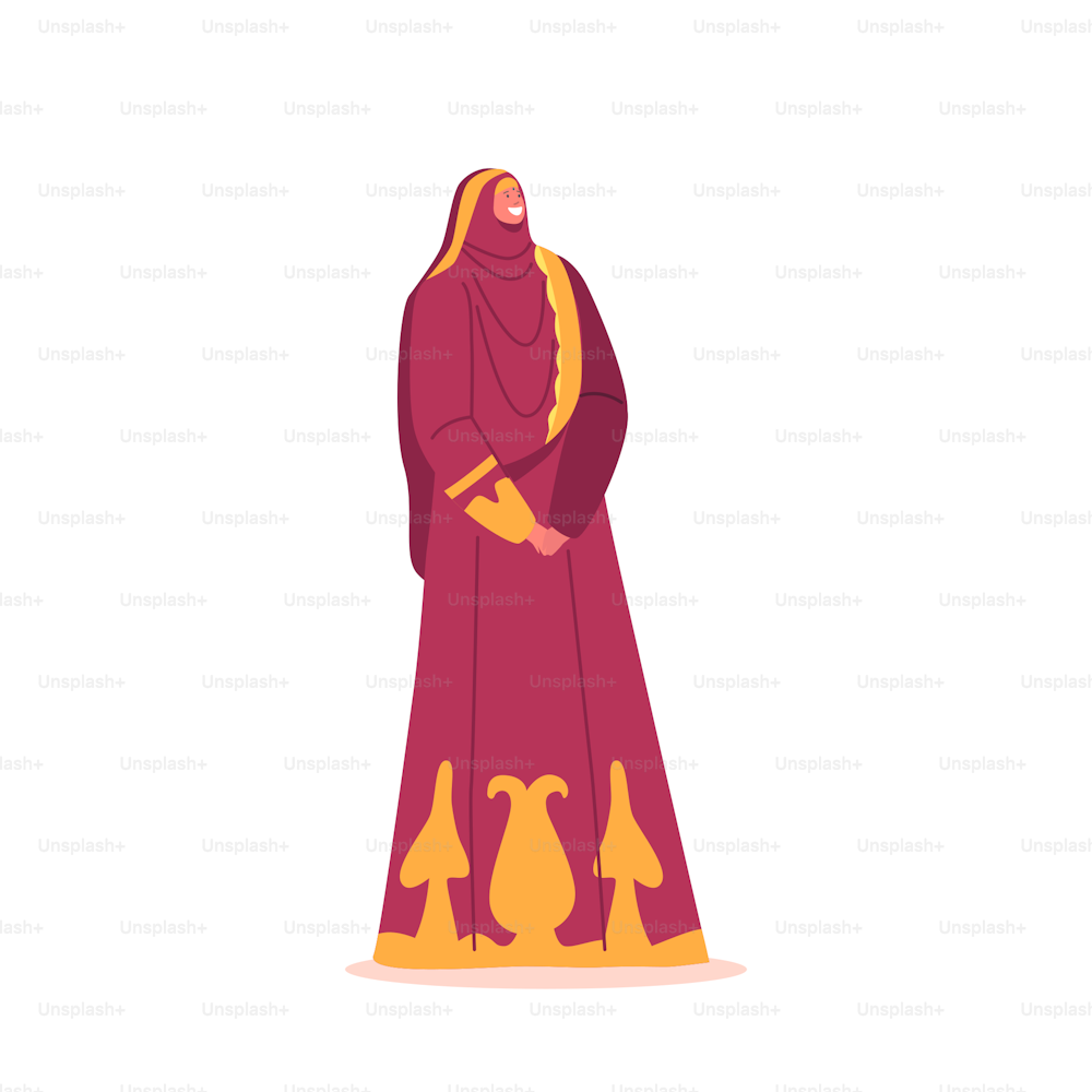 Personnage de mariée musulmane heureuse en longue robe rouge et or isolée sur fond blanc. Cérémonie de mariage islamique, mariage, processus nuptial, jeunes mariés en robe nationale. Illustration vectorielle de bande dessinée