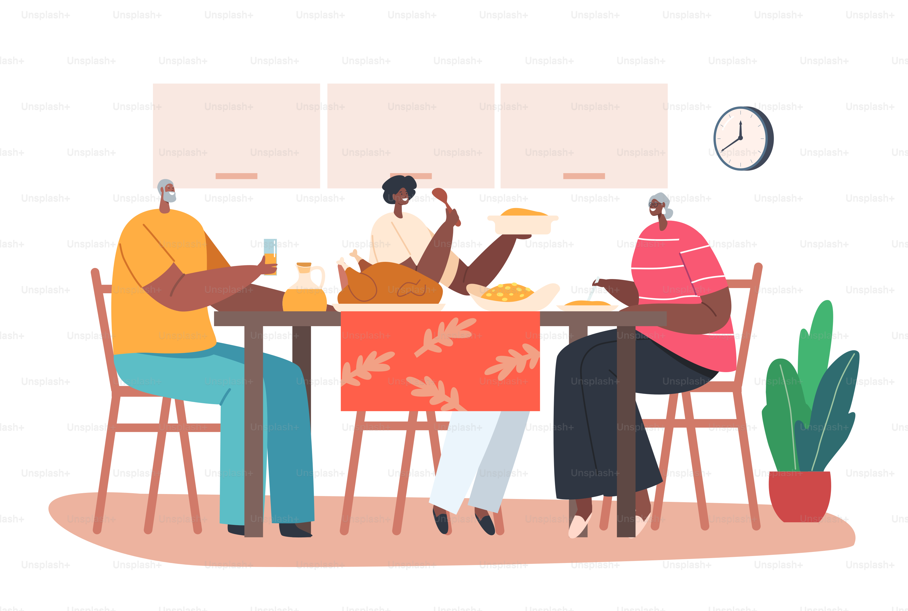 Personajes familiares africanos jóvenes y mayores sentados a la mesa con comida, bebiendo bebidas y comunicándose en casa. Gente charlando, disfrutando de un festín y ocio, tiempo libre. Ilustración vectorial de dibujos animados