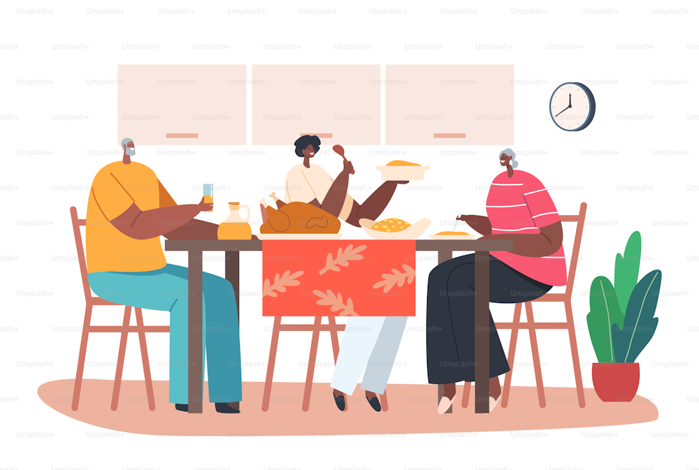 Young and Senior African Family Characters Sitting at Table with Food Drinking Beverages and Communicating at Home. People Chatting, Having Feast Leisure, Sparetime. Cartoon Vector Illustration