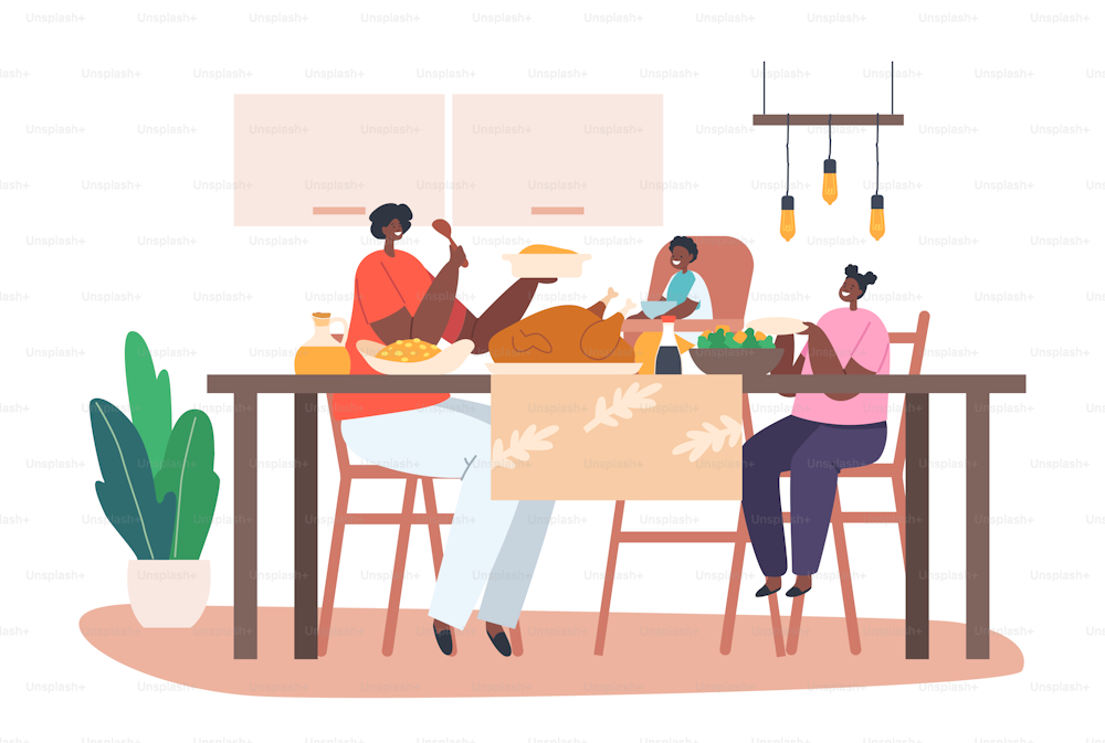 Glückliche afrikanische Familienmutter und kleine Kinder, die am Tisch mit Essen zu Abend essen. Mutter, Tochter und Sohn essen und reden miteinander, fröhliche Charaktere während des Mittagessens. Cartoon flache Vektor-Illustration