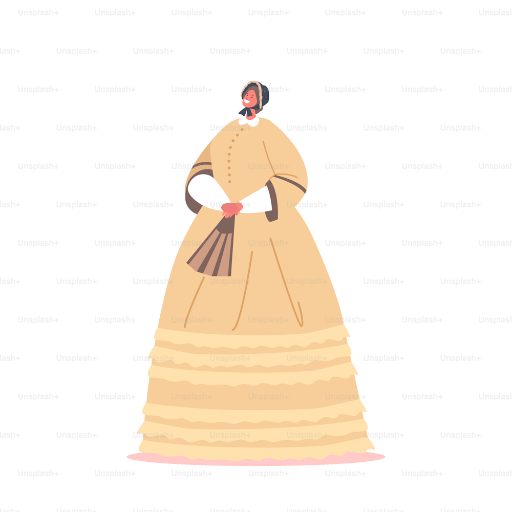 Elegante Dame trägt Vintage-Kleid und Hut hält Fächer in den Händen isoliert auf weißem Hintergrund. Viktorianische Engländerin oder Französin des 19. Jahrhunderts. Weibliche europäische Mode. Cartoon Menschen Vektor Illustration