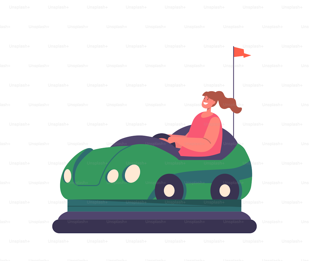 Little Girl Relax at Bumper Car Attraction. Child Character Fun at Funfair Riding in Amusement Park. Carnival Entertainment, Isolated Kid Driving Green Dodgem Cart. Cartoon People Vector Illustration