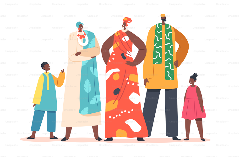 Traditional African Family Parents, Grandparents, Kids Characters in Traditional Clothes. Native Culture, Black Dad, Mom, Granny and Children in National Costumes. Cartoon People Vector Illustration
