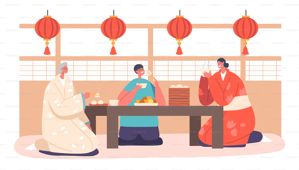Feliz familia asiática tradicional madre, abuela y niño cenan en casa. Madre sonriente, abuela e hijo sentados en la mesa baja comiendo, personajes cenando. Ilustración vectorial de Cartoon People