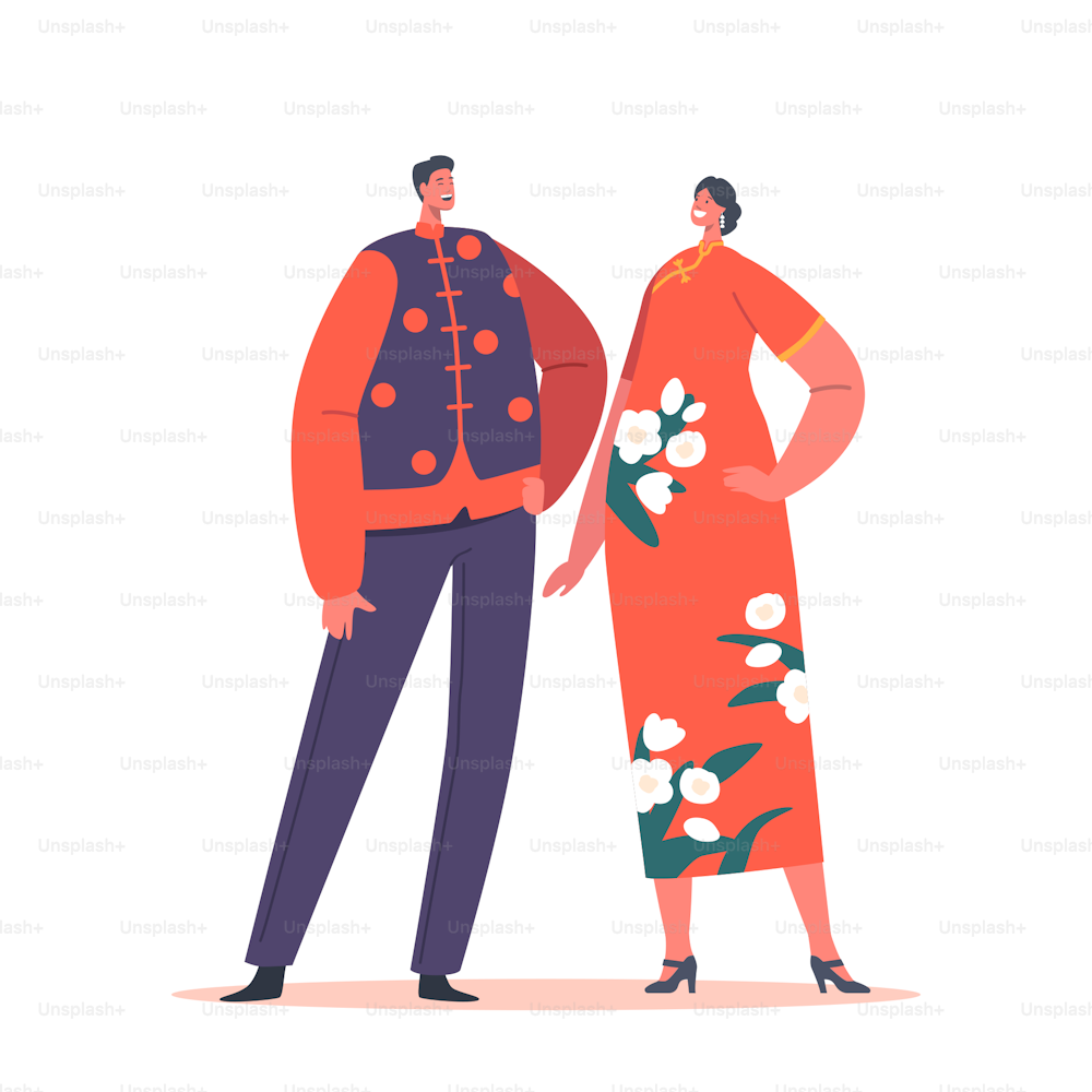 Asian Bride and Groom Characters in Bridal Kimono During Marriage Ceremony. Traditional Japanese Wedding, Newlywed Male Female Couple Wear National Costumes. Cartoon People Vector Illustration